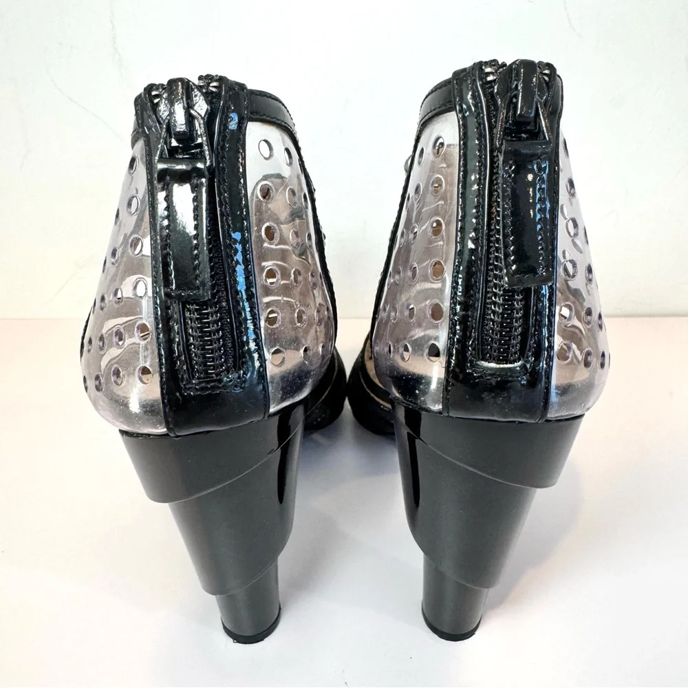 Chanel Black Patent Leather & Clear PVC Cage Block Heel Sandal W CC Logo, Sz 38
